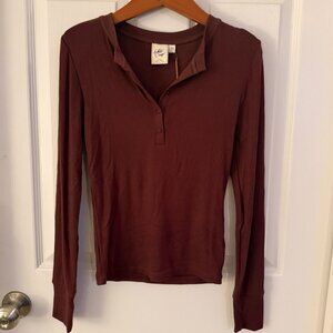 White Crow Buckle Jasmine Rib Top Brown Long Sleeve Tee Henley Shirt XS NWT